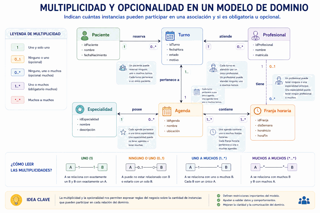 Multiplicidad y opcionalidad en asociaciones del modelo de dominio con relaciones uno, cero o uno, uno a muchos y muchos a muchos