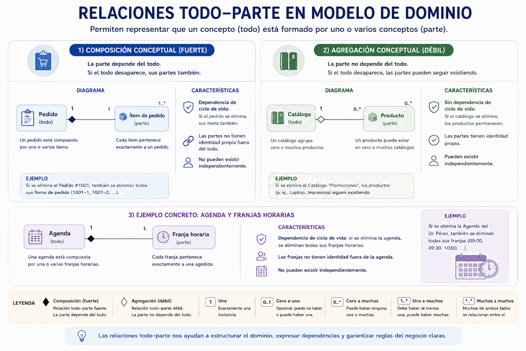 Relaciones todo-parte en modelado de dominio con ejemplos de agregación y composición conceptual entre agenda, franjas horarias, pedido e ítems