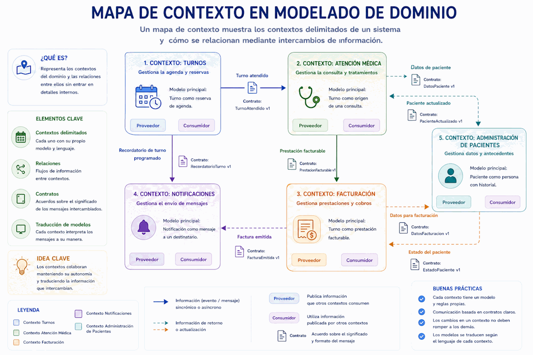 Mapa de contexto con contextos delimitados conectados por relaciones entre áreas, equipos y modelos del dominio