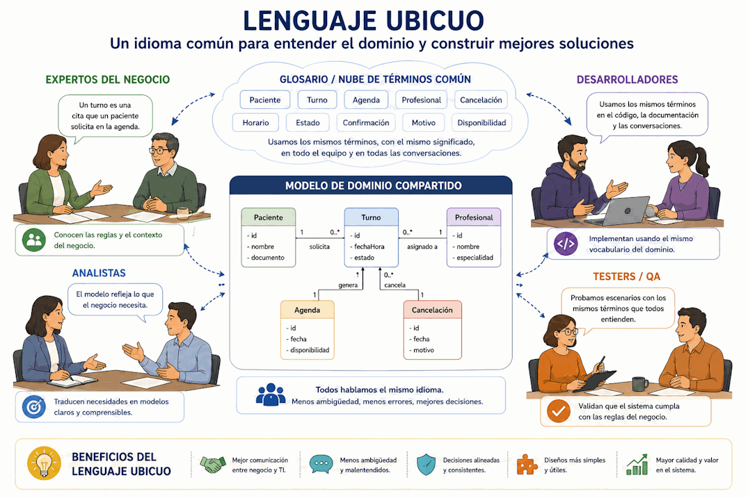 Lenguaje ubicuo como vocabulario común entre expertos del negocio, analistas, desarrolladores y testers alrededor de un modelo de dominio compartido