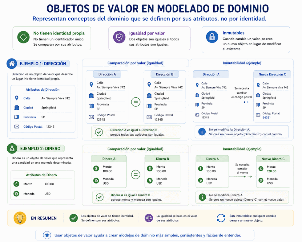 Objetos de valor comparados por sus atributos, sin identidad propia, con ejemplos como dirección, dinero y franja horaria