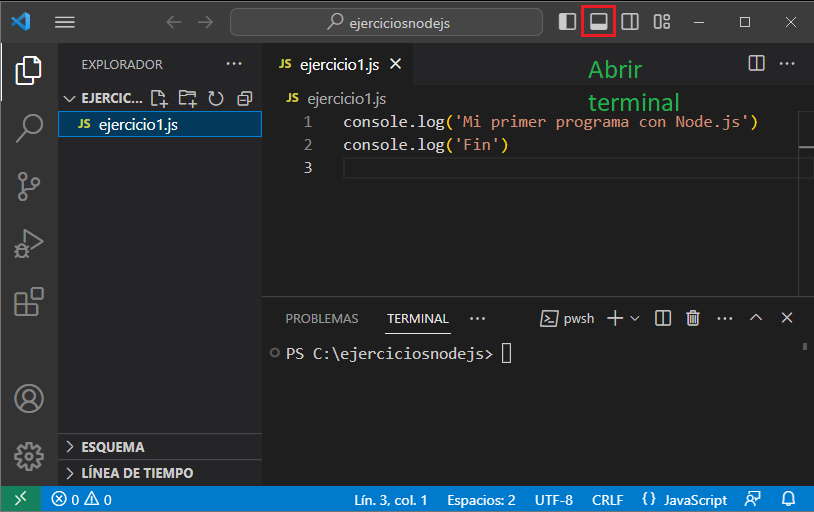 ejecución de programa nodejs desde dentro del VSCode