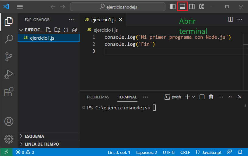 ejecución de programa nodejs desde dentro del VSCode