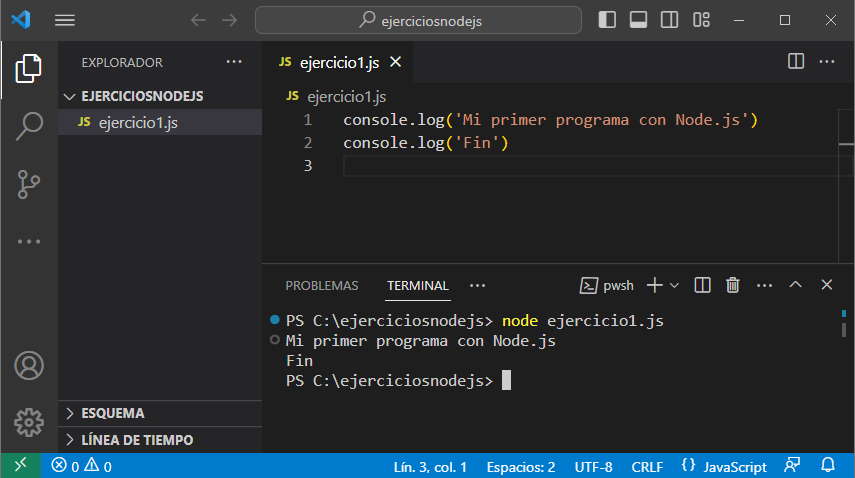 ejecución de programa nodejs desde dentro del VSCode