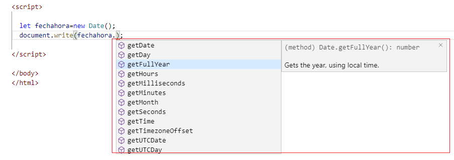 editor VSCode mostrar métodos de un objeto de la clase Date