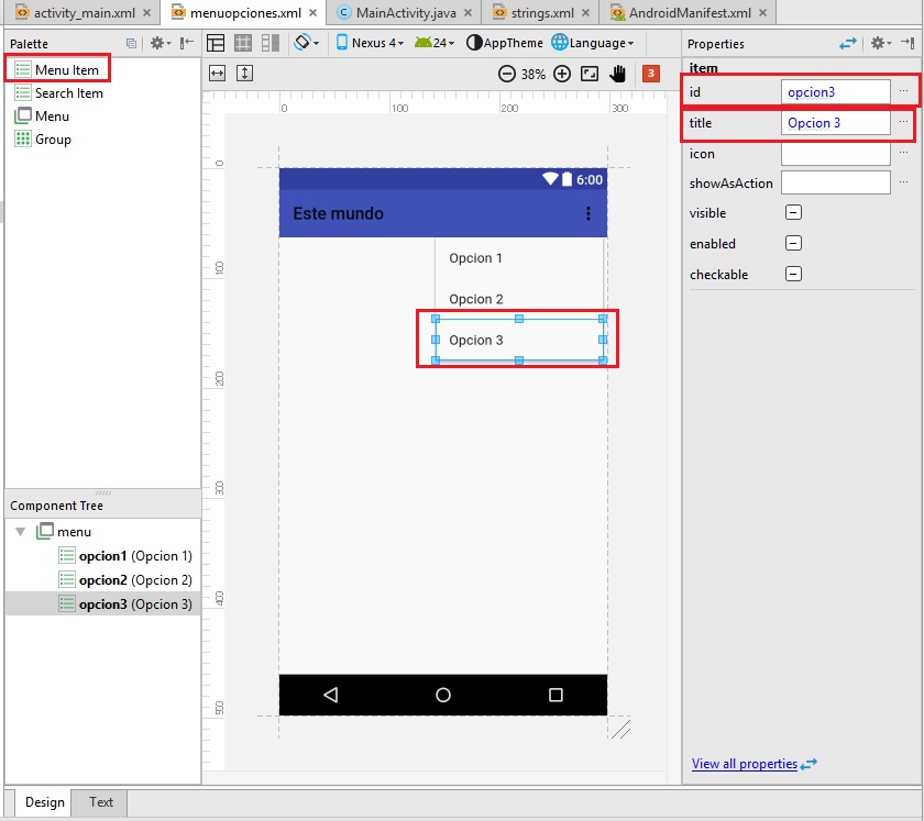 ActionBar editor android studio menu