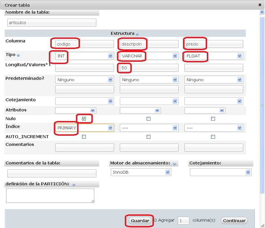 creacion tabla MySQL