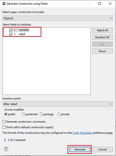 java generate constructor using Fields eclipse diálogo