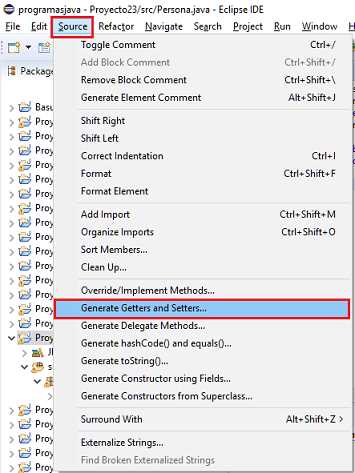 java generate generate getter and setters menu eclipse