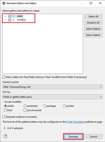 java generate generate getter and setters diálogo eclipse