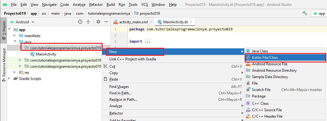 Crear clase en Kotlin Android Studio