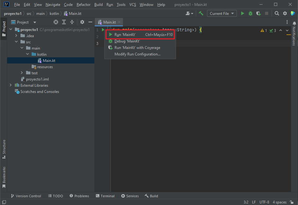 Ejecutar programa Kotlin IntelliJ IDEA