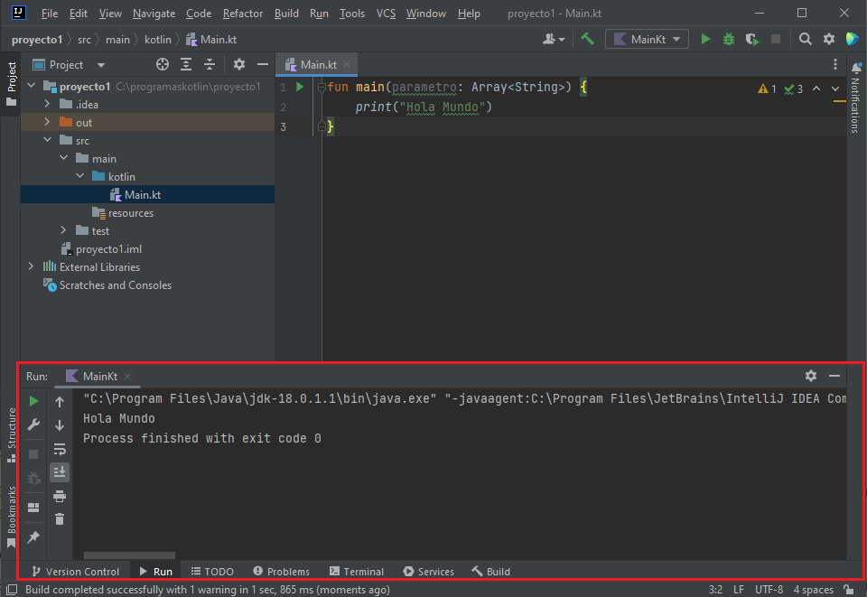 Ejecutar programa Kotlin IntelliJ IDEA y mostrar la Consola