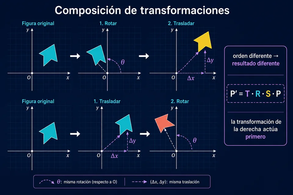 Comparación entre rotar y trasladar una figura o trasladarla y rotarla, con resultados diferentes