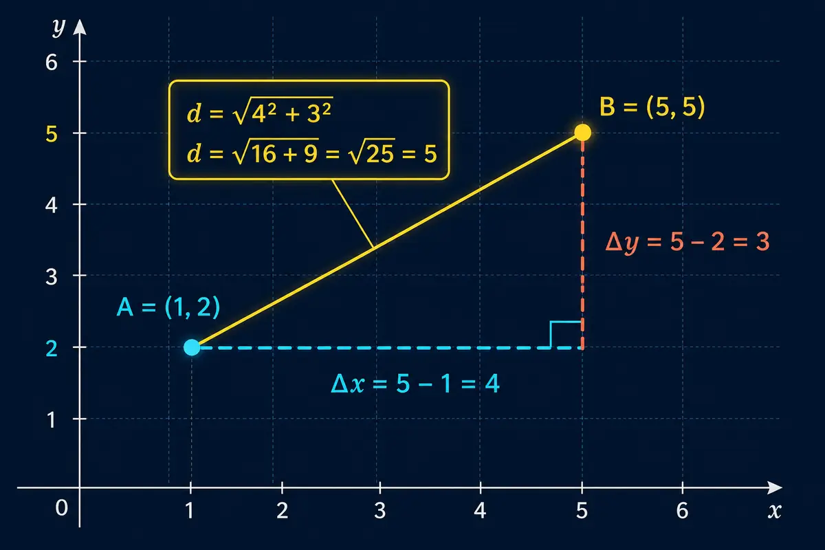 Dos puntos unidos por una distancia diagonal y las diferencias horizontal y vertical que forman un triángulo rectángulo
