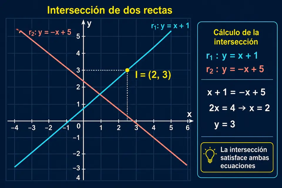Dos rectas que se cruzan en un punto destacado, acompañadas por ejemplos de rectas paralelas y rectas coincidentes