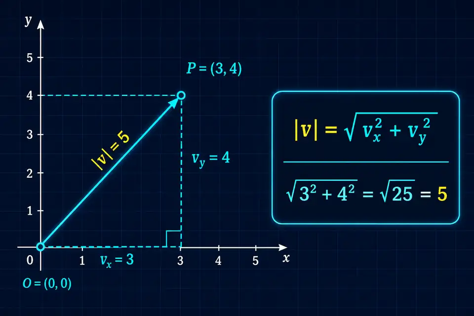 Vector desde el origen hasta el punto tres cuatro con sus componentes y cálculo de magnitud cinco