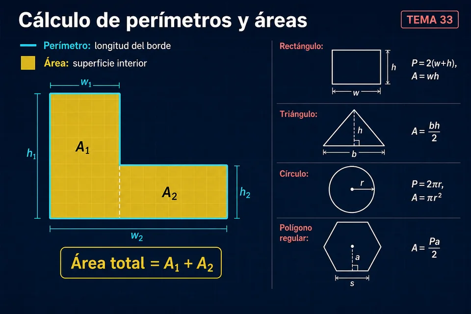 Perímetro exterior, área interior, figura compuesta y fórmulas de figuras comunes