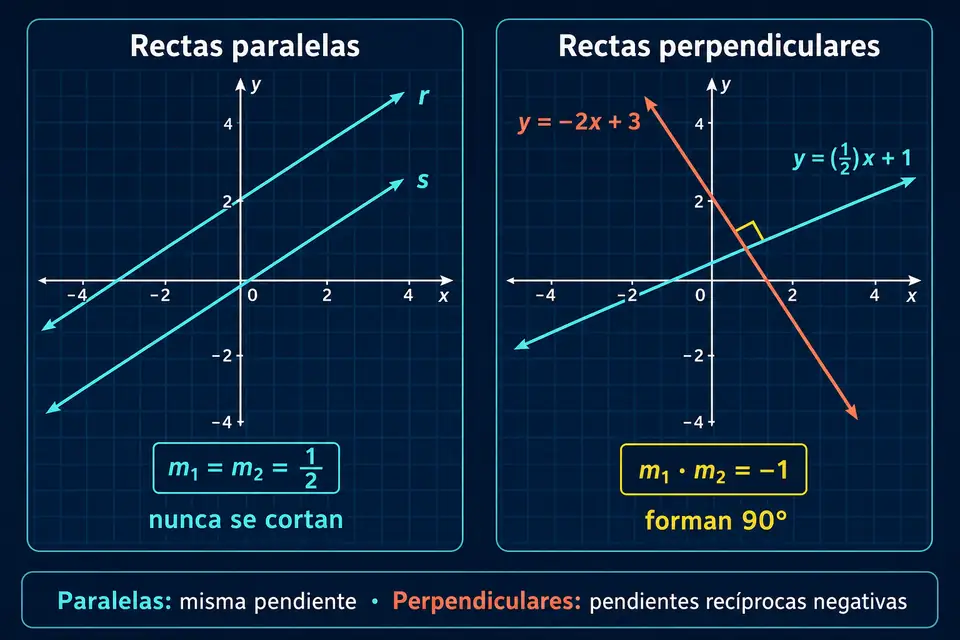 Dos rectas paralelas en un plano cartesiano y dos pares de rectas perpendiculares marcados con ángulos rectos