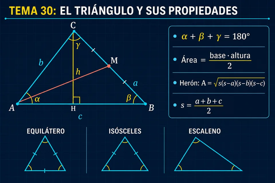 Triángulo con lados, ángulos, altura, mediana, punto medio, clasificación y fórmulas