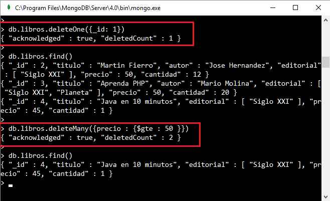 MongoDB método deleteOne deleteMany con parámetros