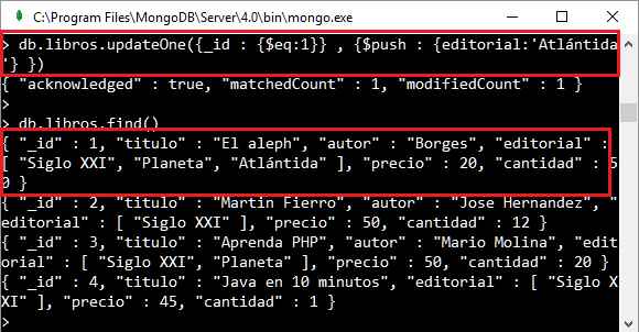 MongoDB método updateOne con array