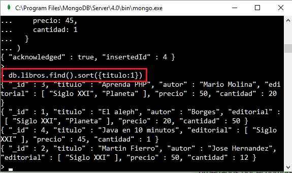 MongoDB Cursor método sort