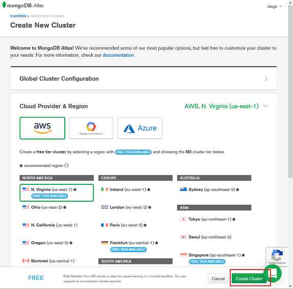 MongoDB atlas cuenta gratuita crear cluster
