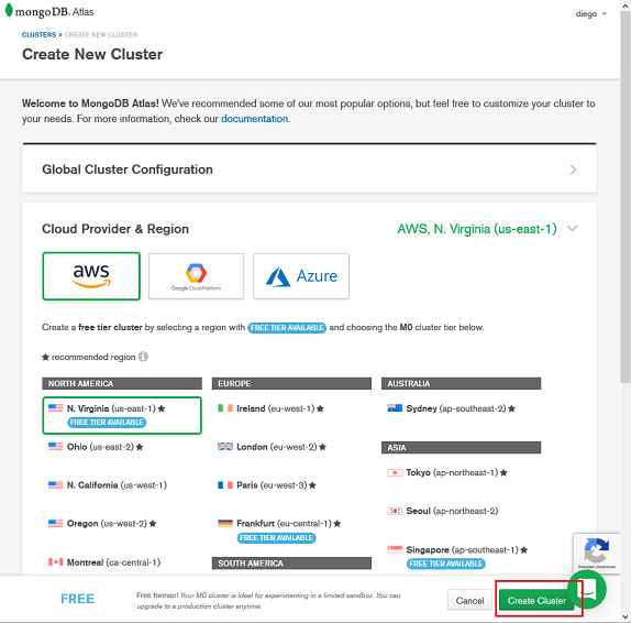 MongoDB atlas cuenta gratuita crear cluster