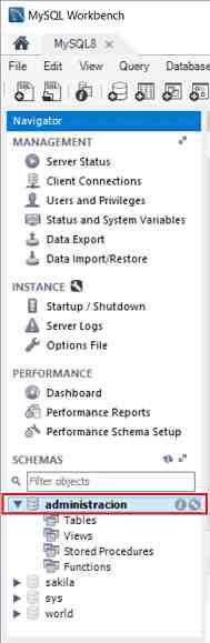 MySQL Workbench selección de base de datos