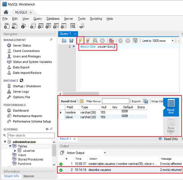 MySQL Workbench describe