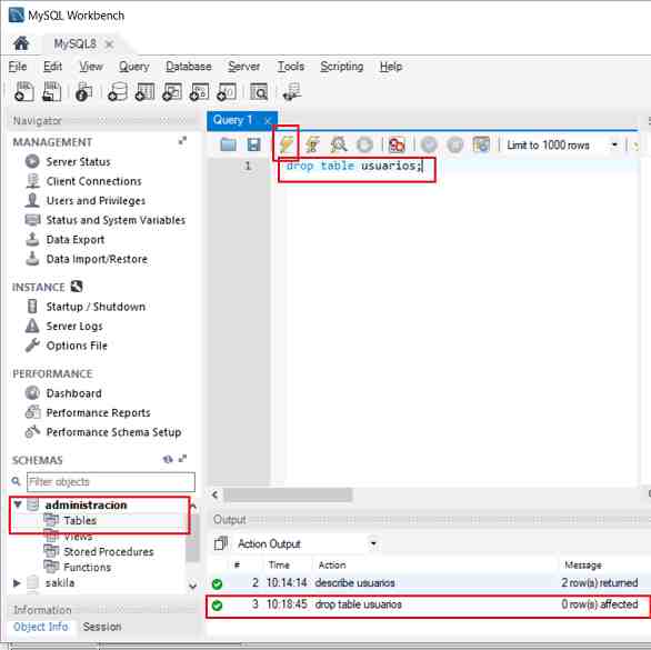 MySQL Workbench drop table