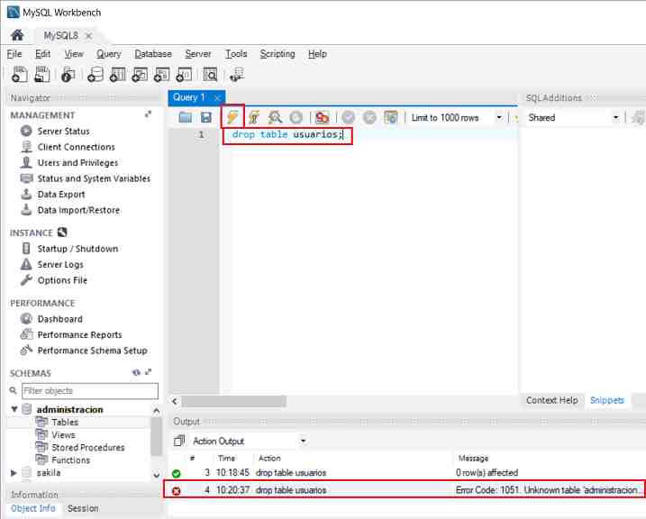 MySQL Workbench drop table sin que exista la tabla