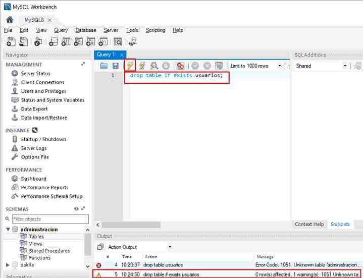 MySQL Workbench drop table if exists sin que exista la tabla