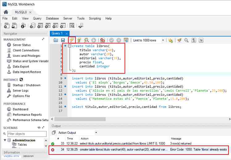 MySQL Workbench create table error volver a crear tabla