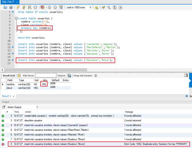 MySQL clave primaria primary key