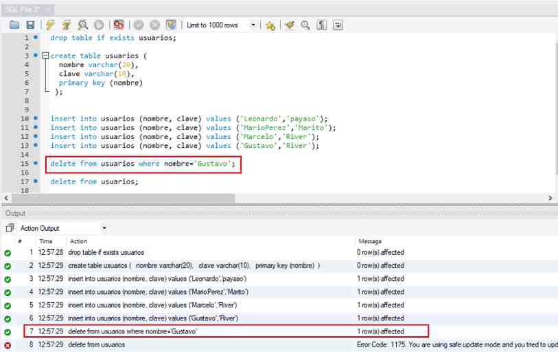 MySQL clave primaria primary key SQL_SAFE_UPDATES con valor 1