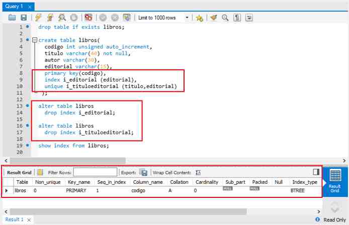 MySQL alter table drop index