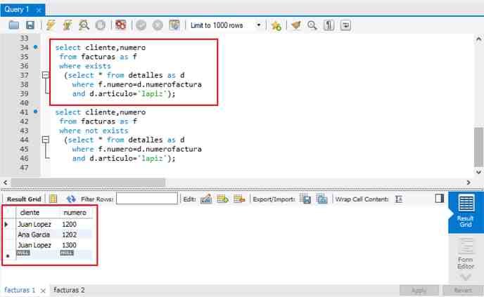 MySQL subconsulta exists not exists