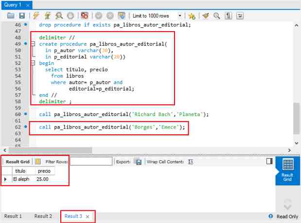 MySQL procedimientos almacenados parámetros de entrada