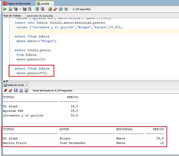 SQL Developer operadores relacionales