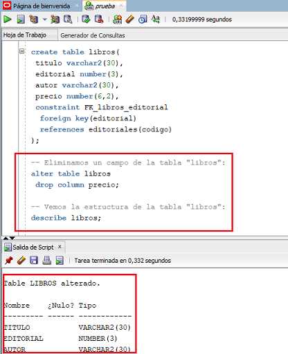 SQL Developer alter table eliminar campo