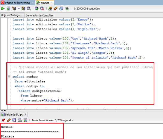 SQL Developer subconsulta in