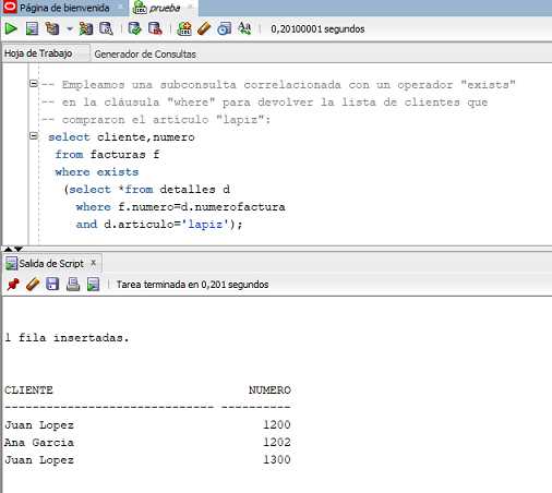 SQL Developer subconsultas exists y not exists