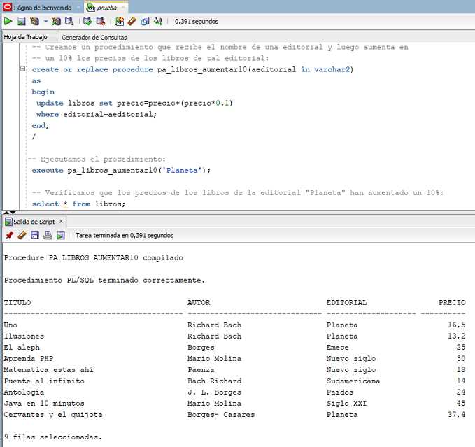 SQL Developer procedimientos almacenados parámetros de entrada