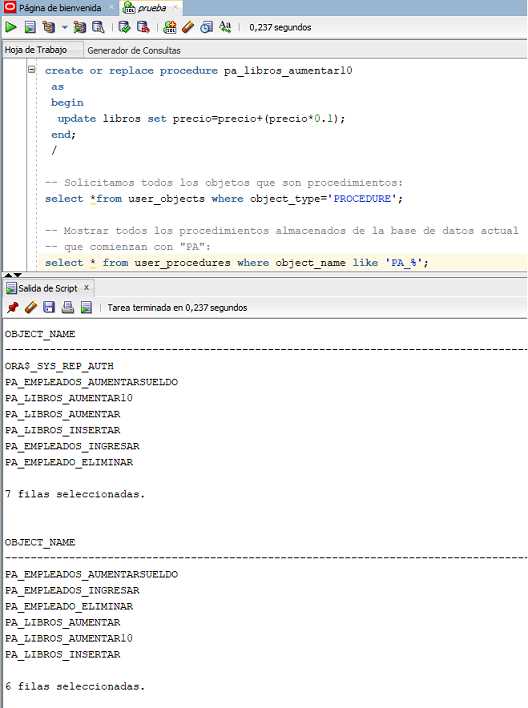 SQL Developer información de procedimientos almacenados de una base de datos