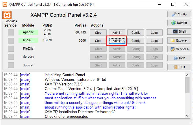 Arrancar el PHPMyAdmin con XAMPP