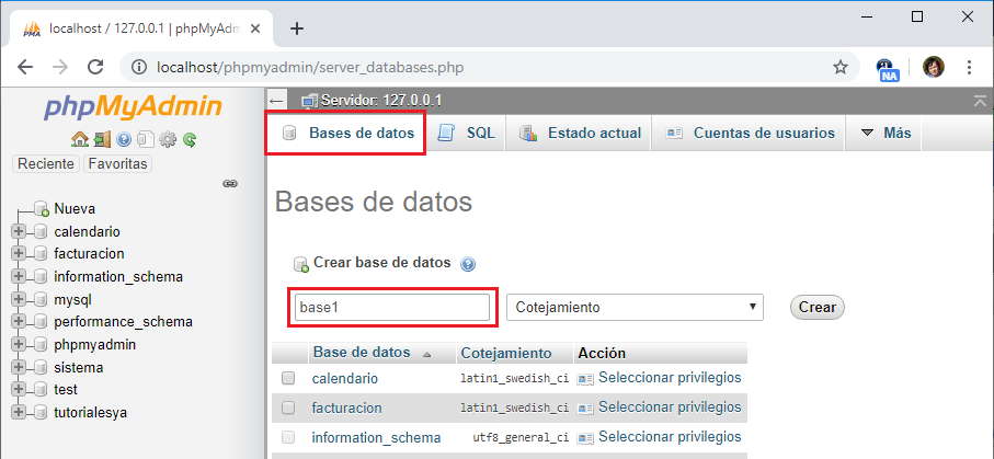 PHPMyAdmin creación de una base de datos