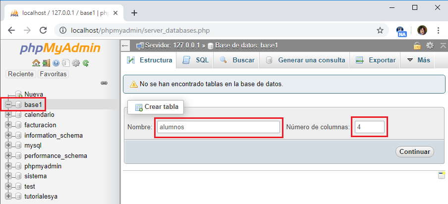 PHPMyAdmin creación de una tabla