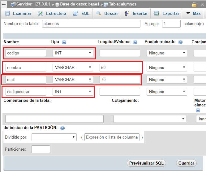 PHPMyAdmin creación de una tabla